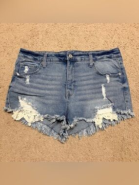 Mossimo Supply Co. High Rise distressed lace trim fray hem denim shorts Sz 14/32